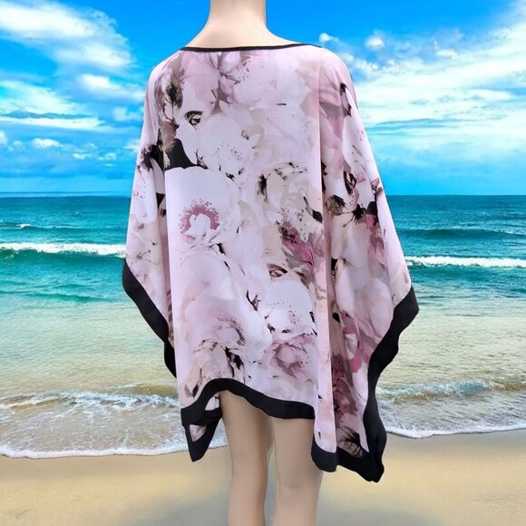 Pink Floral Black Border Blouse Poncho Beach Coverup Batwings Top Sz 18-20 - Picture 3 of 8